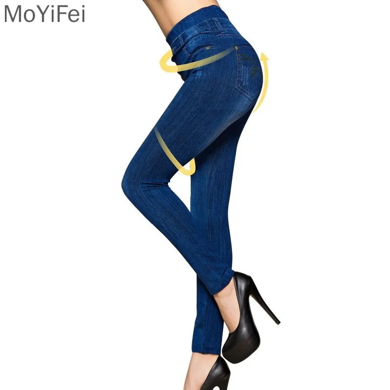 Women's Elastic Imitation Denim Tight Jeans Mid Waisted Slim Fitting Seamless Casual Pencil Pants - WJN0026