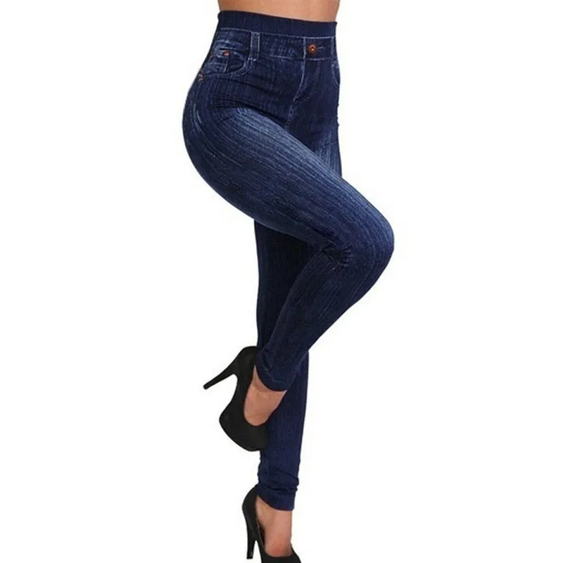 Women's Elastic Imitation Denim Tight Jeans Mid Waisted Slim Fitting Seamless Casual Pencil Pants - WJN0026