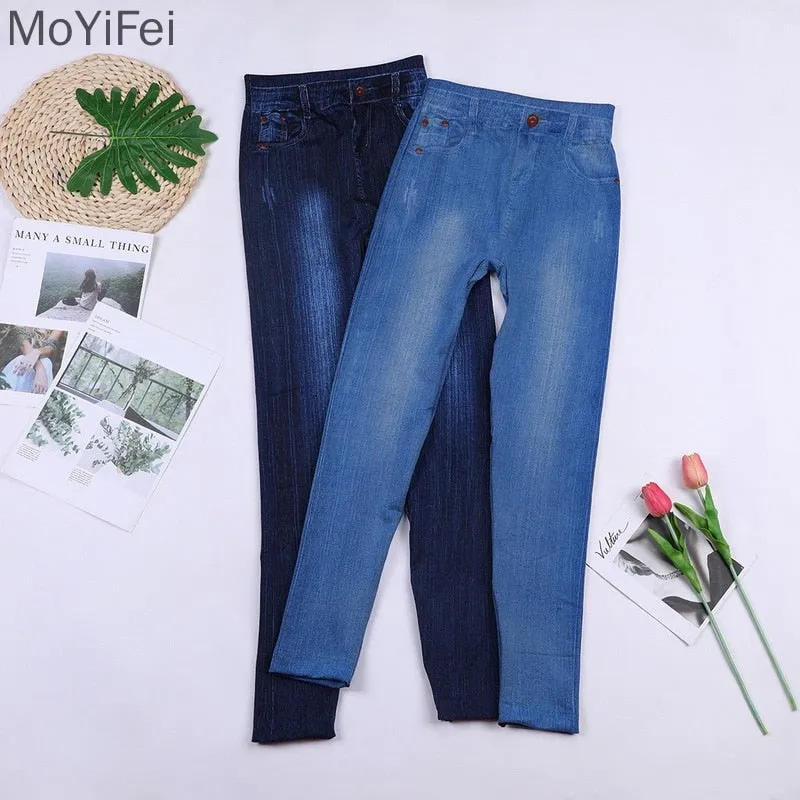 Women's Elastic Imitation Denim Tight Jeans Mid Waisted Slim Fitting Seamless Casual Pencil Pants - WJN0026