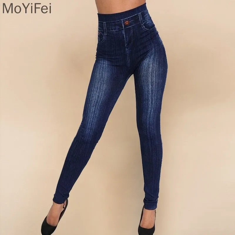 Women's Elastic Imitation Denim Tight Jeans Mid Waisted Slim Fitting Seamless Casual Pencil Pants - WJN0026