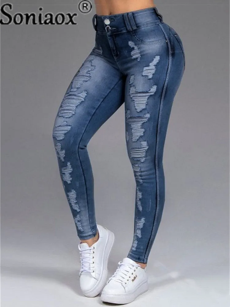 Women's Pants High Stretch Jeans High Waist Skinny Ripped Vintage Hole Slim Full Length - WJN0017