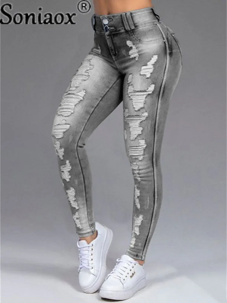 Women's Pants High Stretch Jeans High Waist Skinny Ripped Vintage Hole Slim Full Length - WJN0017