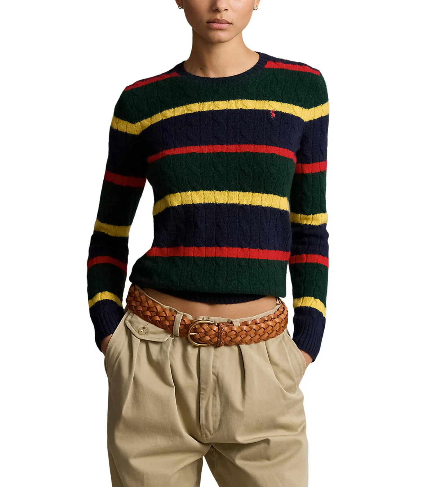 Women's Striped Cable-Knit Wool Cashmere Sweater Multi