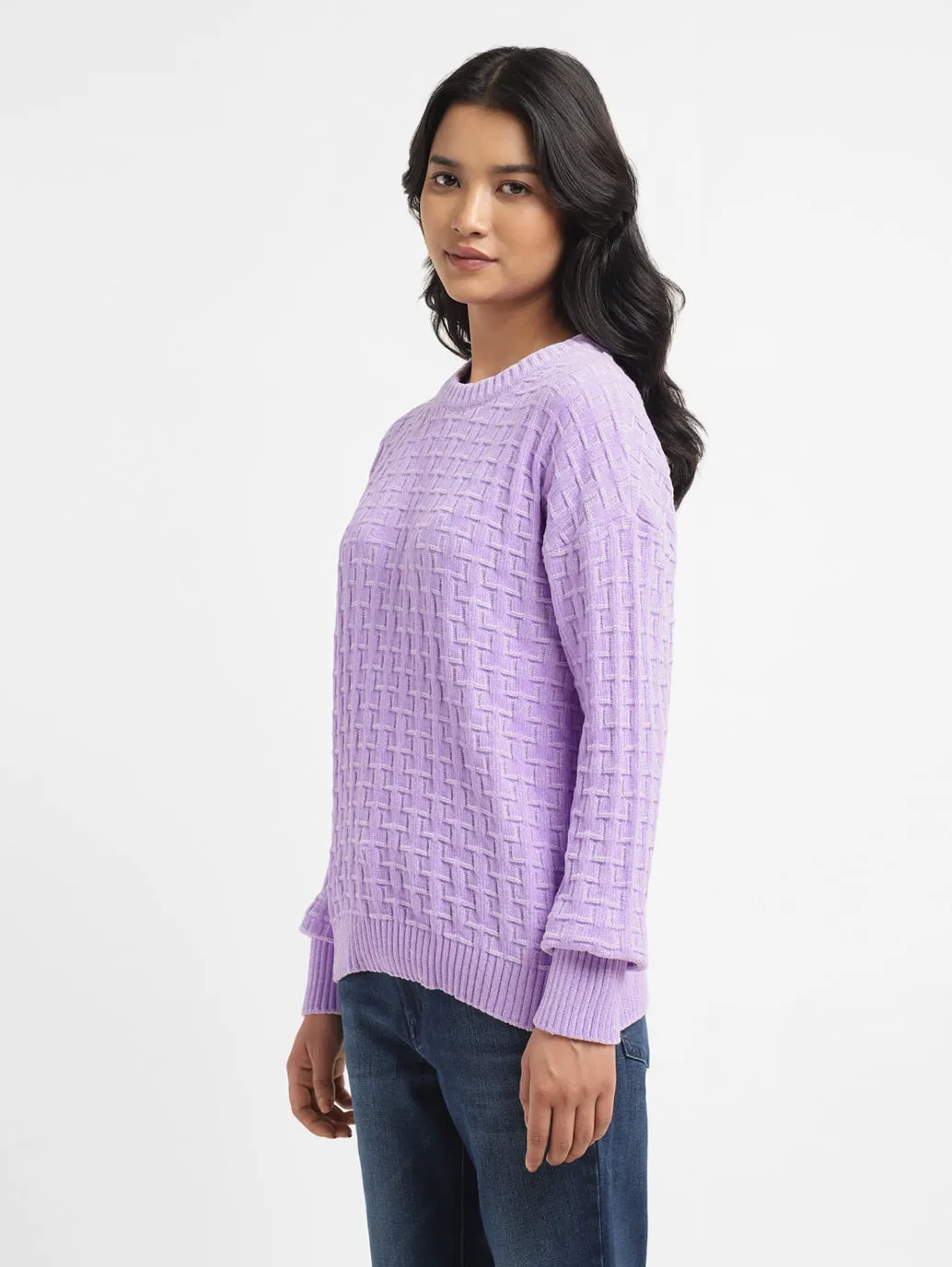 Women's Textured Purple Crew Neck Sweater