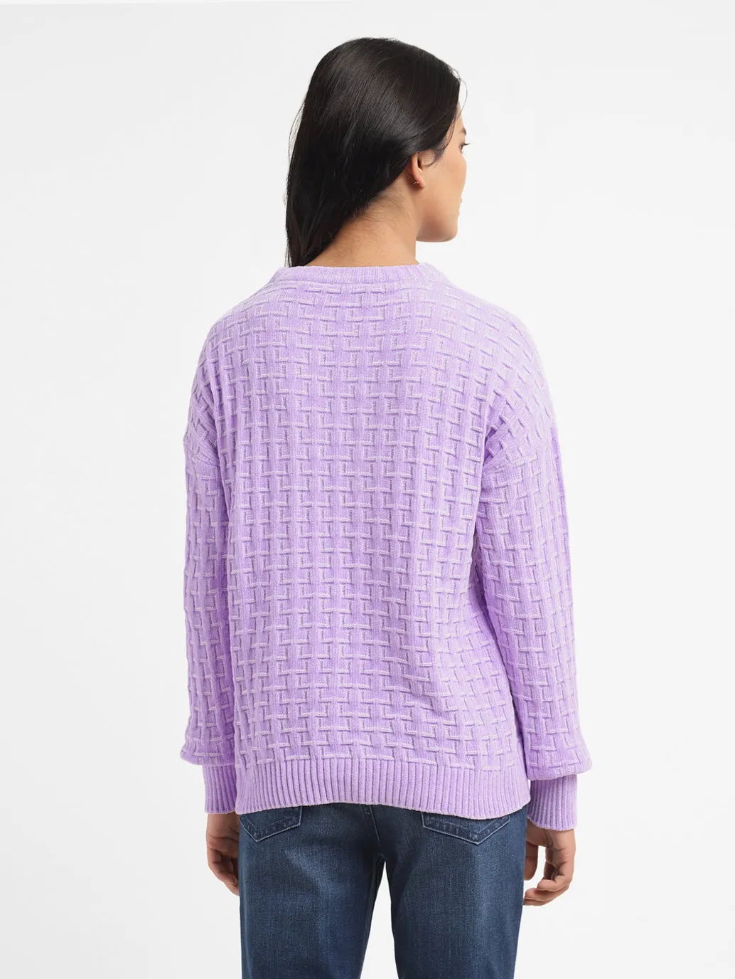 Women's Textured Purple Crew Neck Sweater